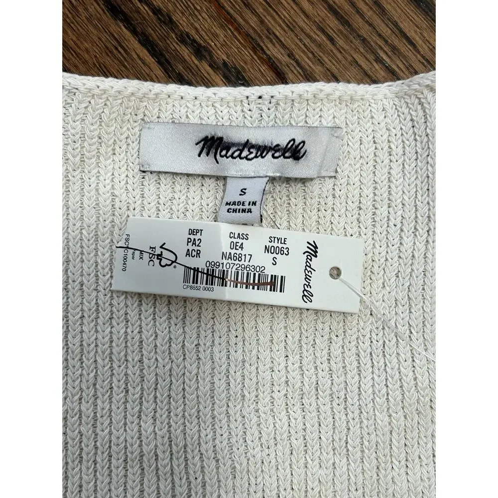 Madewell‎ Sweater Womens S White Ribbed Cotton Long Sleeve V Neck Pullover NWT